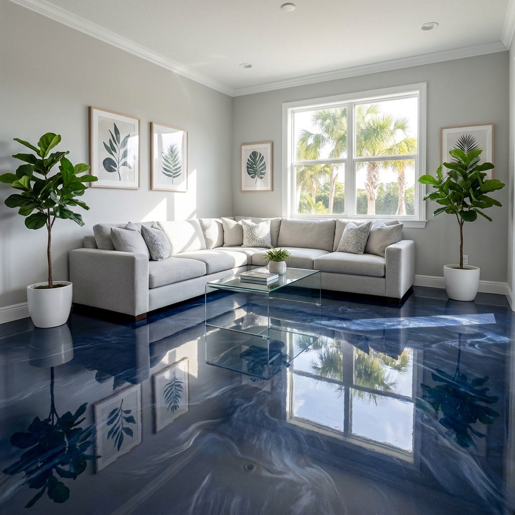 Same living room with high-gloss navy metallic epoxy floor