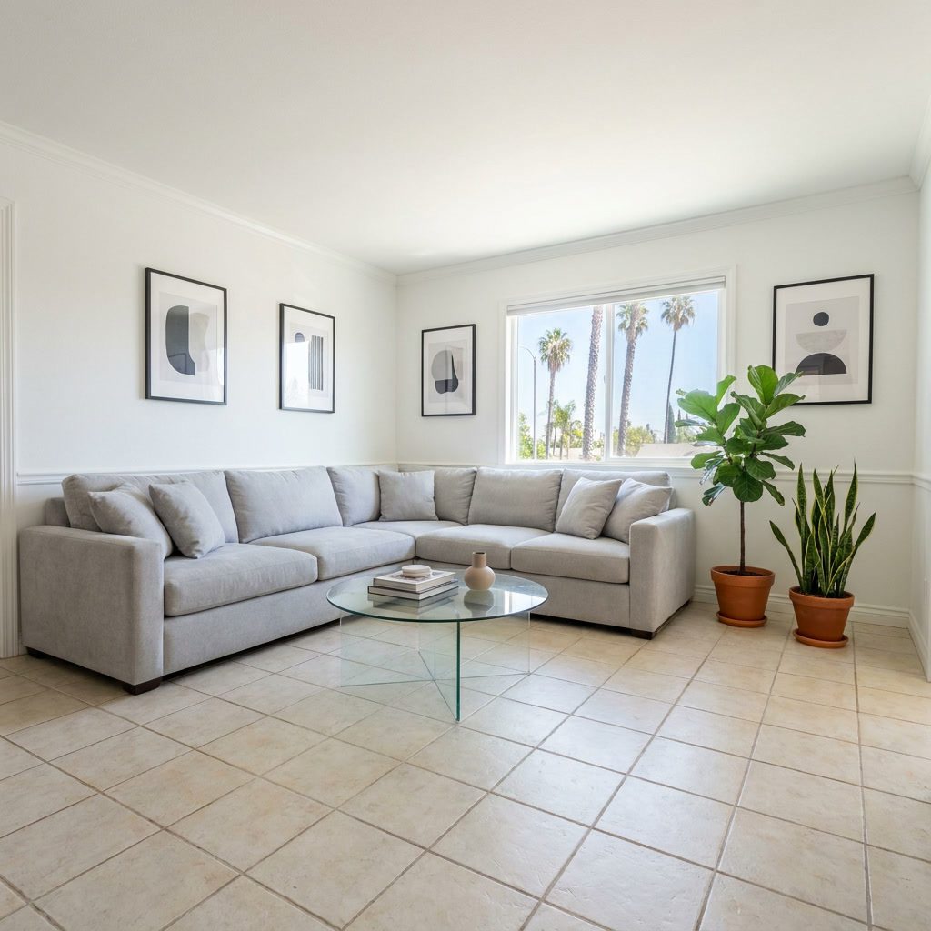 Dated ceramic tile floor in modern living room before epoxy