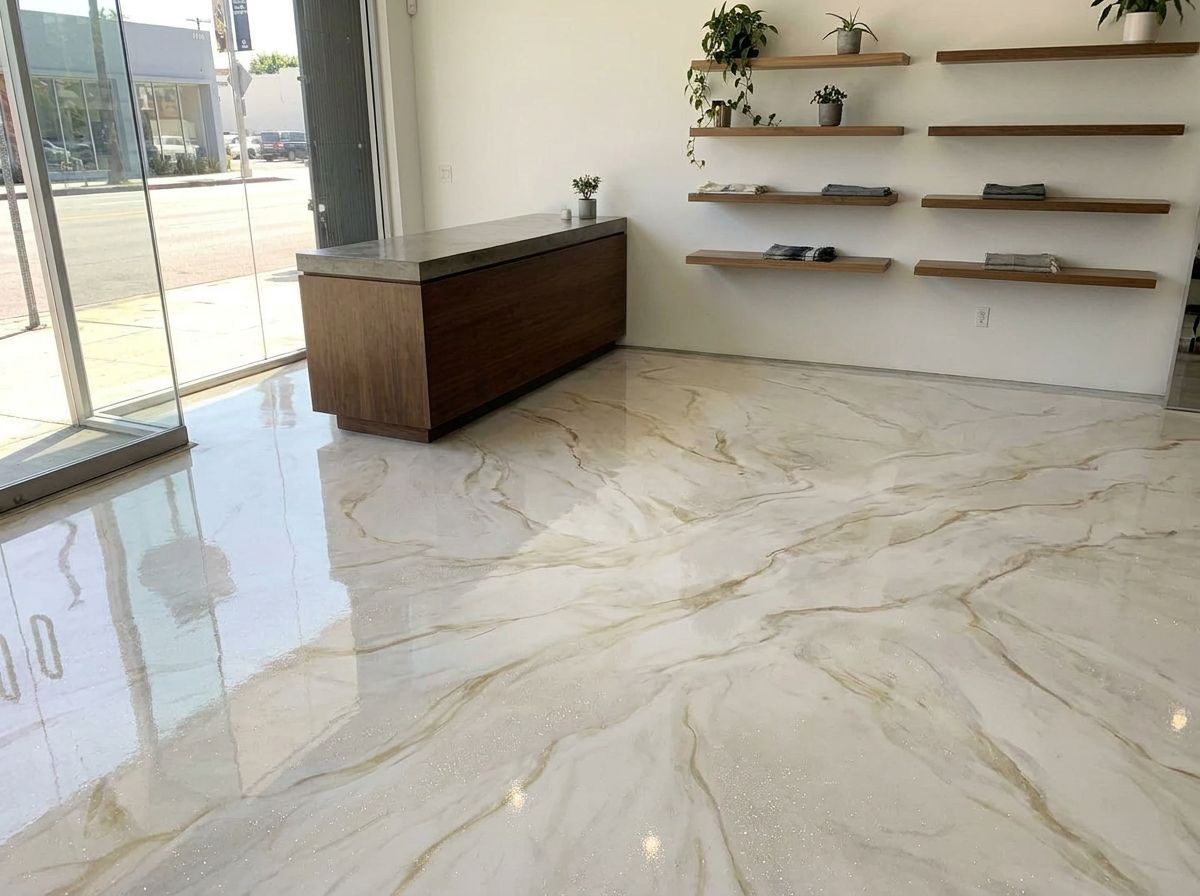 Same showroom with luxury white and gold marbled metallic epoxy floor