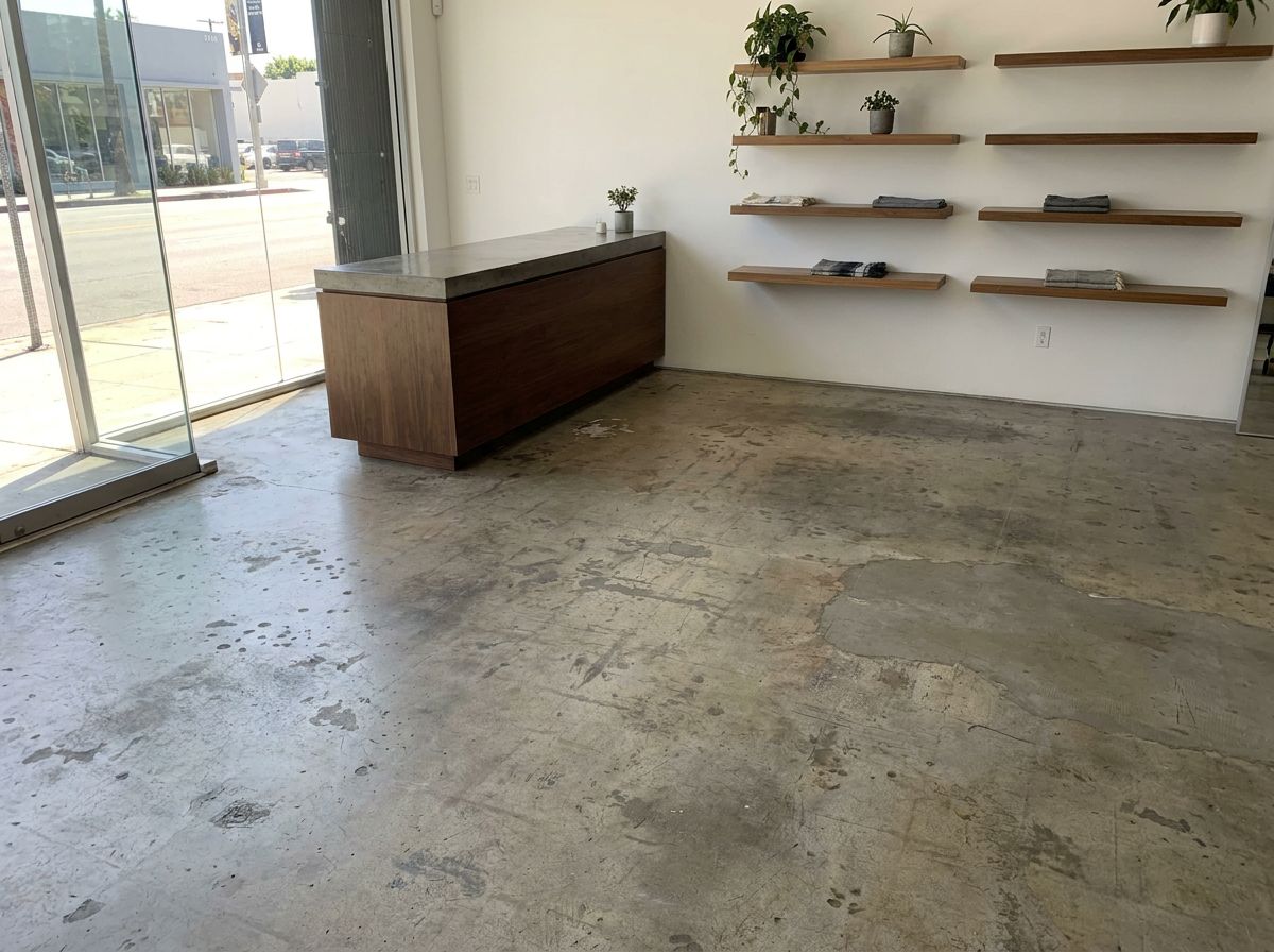 Worn patched concrete floor in retail showroom before epoxy