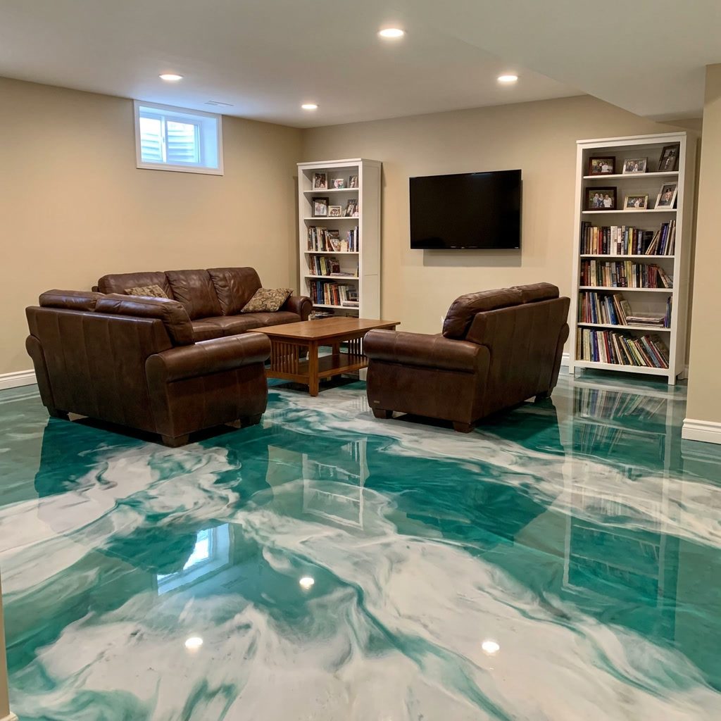 Same basement with white and teal swirl metallic epoxy floor