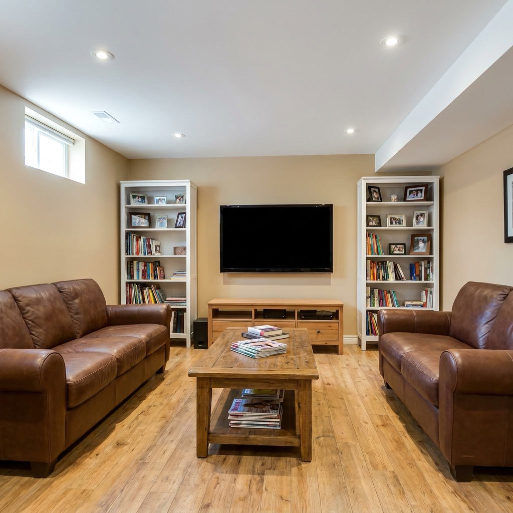 Dated laminate plank floor in finished basement before epoxy