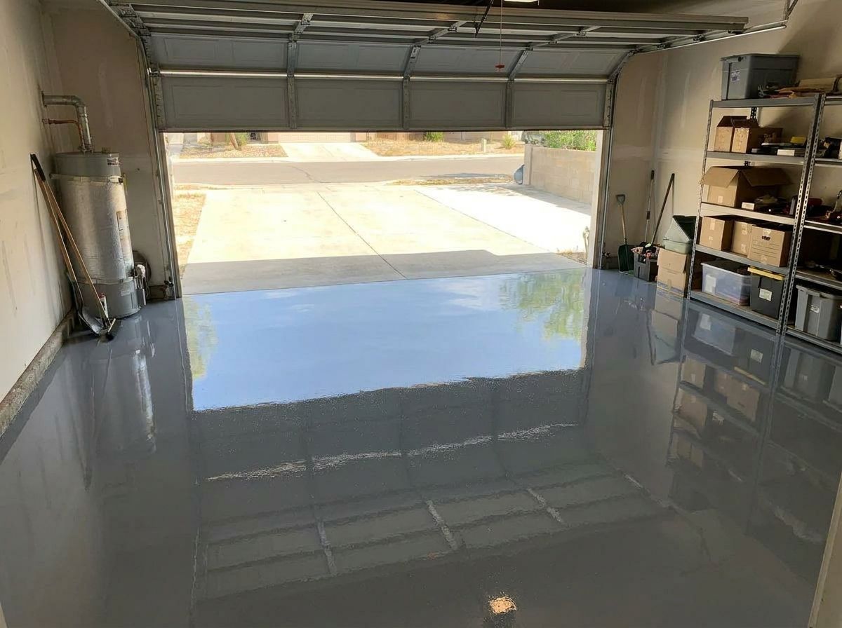 Same garage with smooth high-gloss gray epoxy flake floor