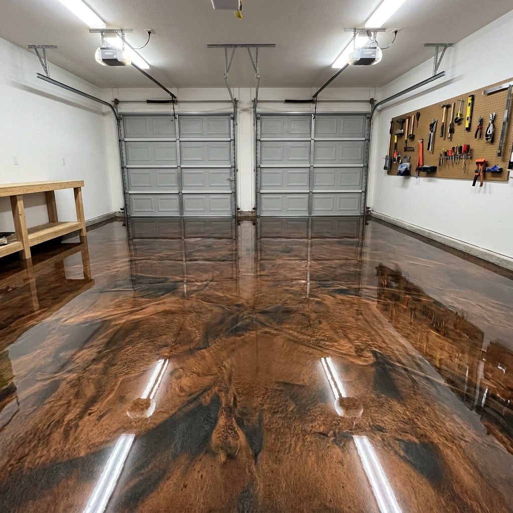 Same garage with bronze and charcoal metallic epoxy floor
