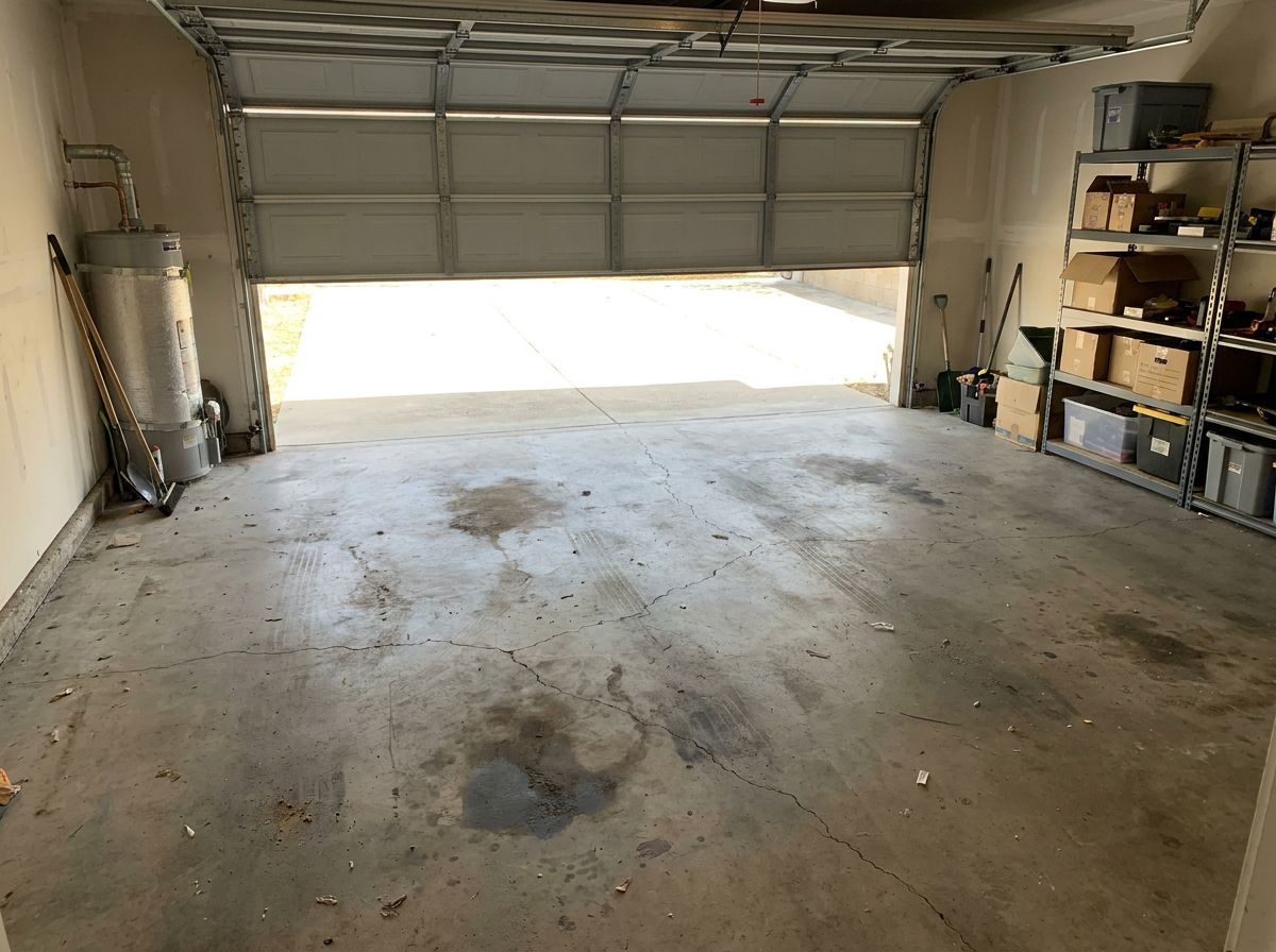 Worn concrete floor with oil stains in two-car garage before epoxy