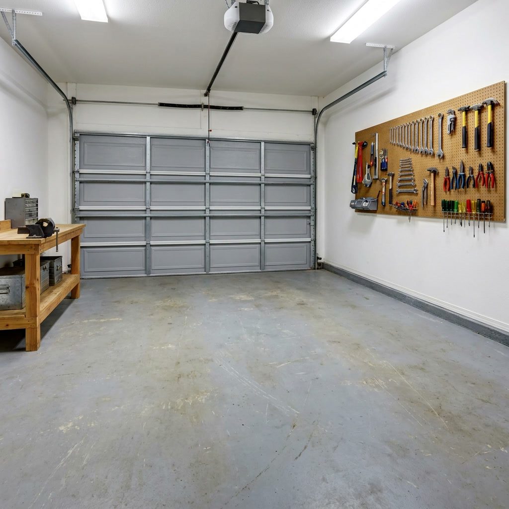 Aged plain concrete floor in two-car garage before epoxy