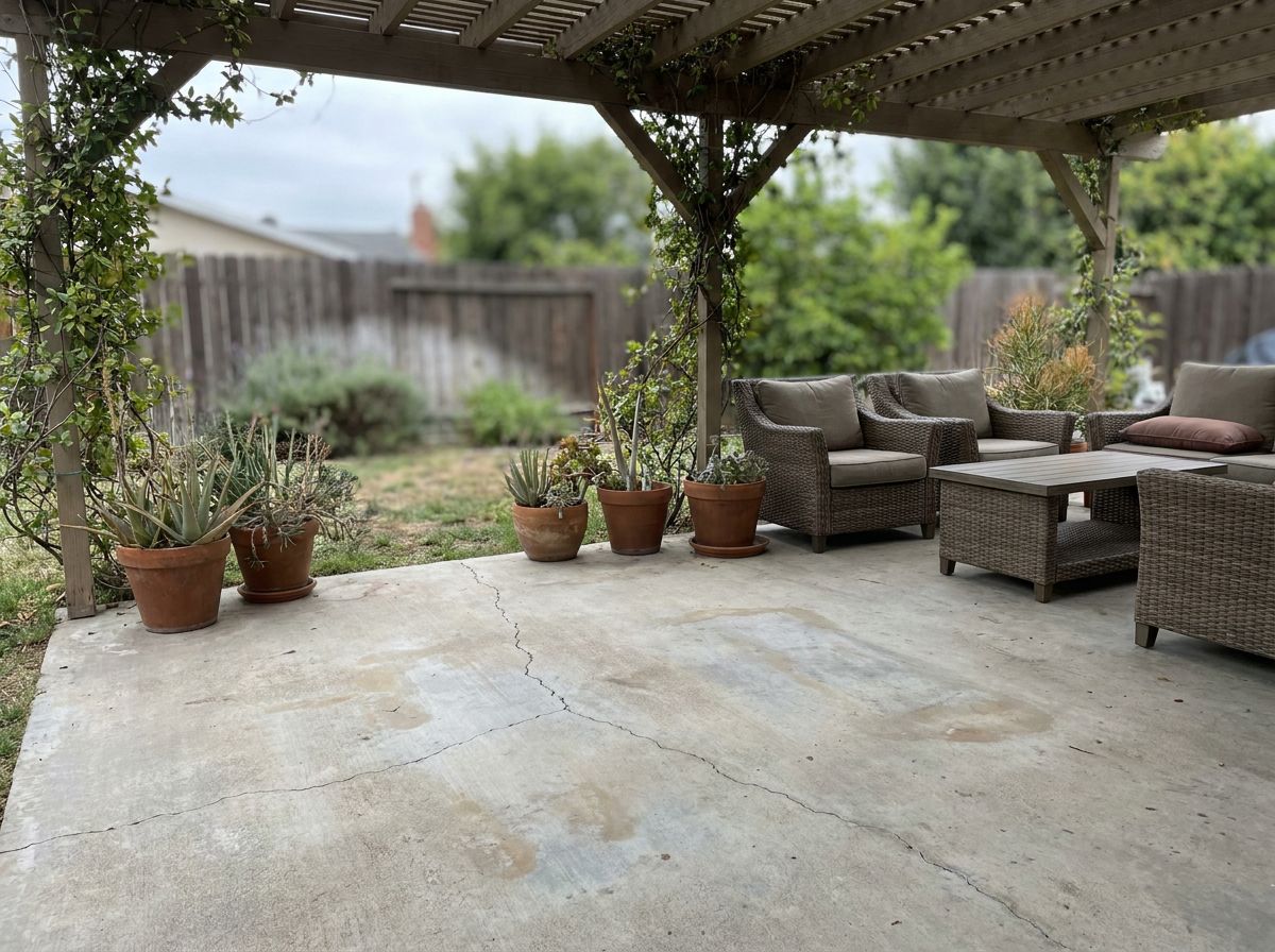 Cracked dull concrete patio slab before epoxy coating