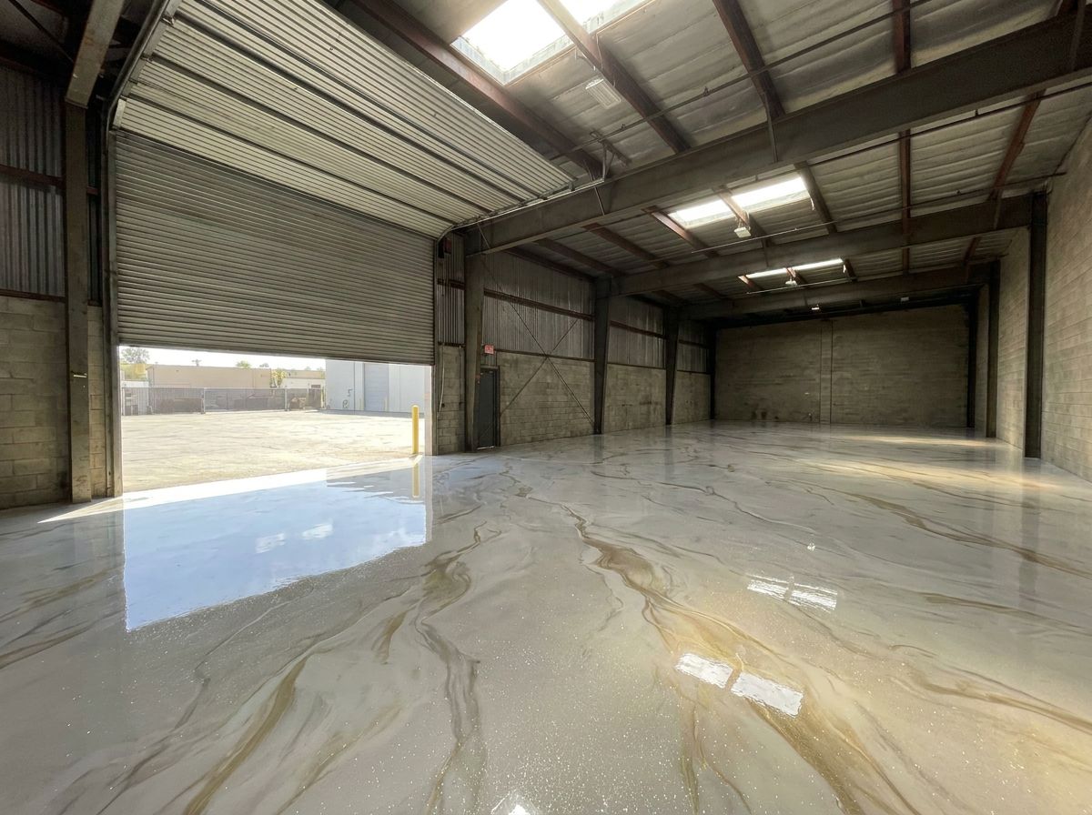 Same warehouse with luxury white and gold marbled metallic epoxy floor