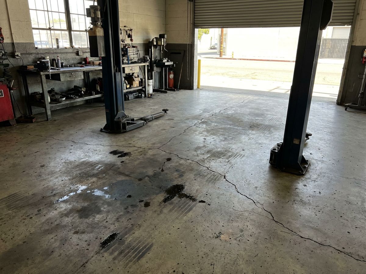 Oil-stained cracked concrete in auto repair shop bay before epoxy