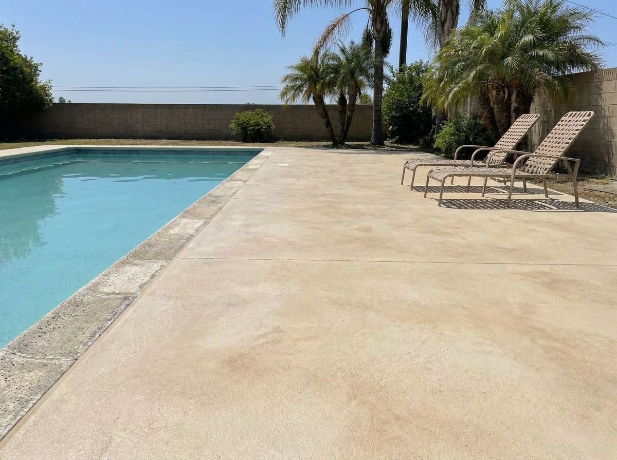 Same pool deck with warm travertine stone-look coating