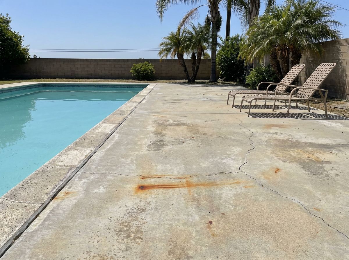 Weathered cracked concrete pool deck before coating