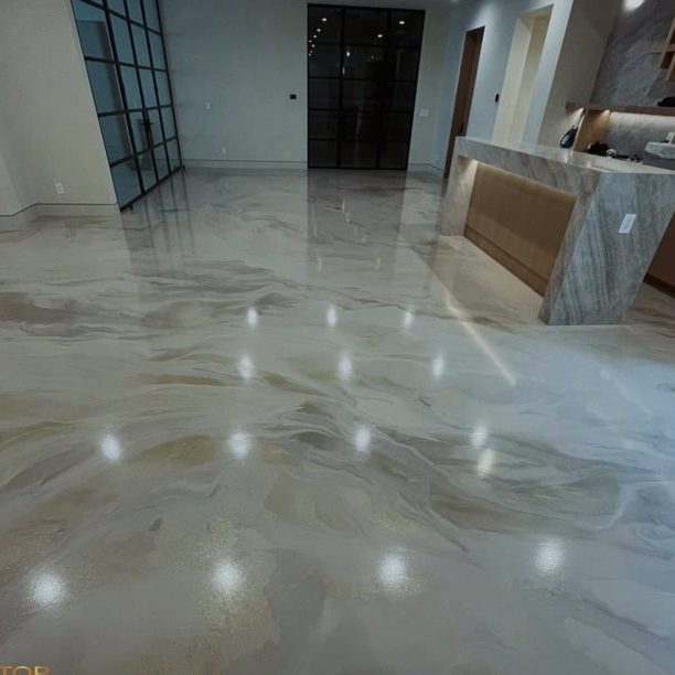 Marbleized gold glitter metallic epoxy floor